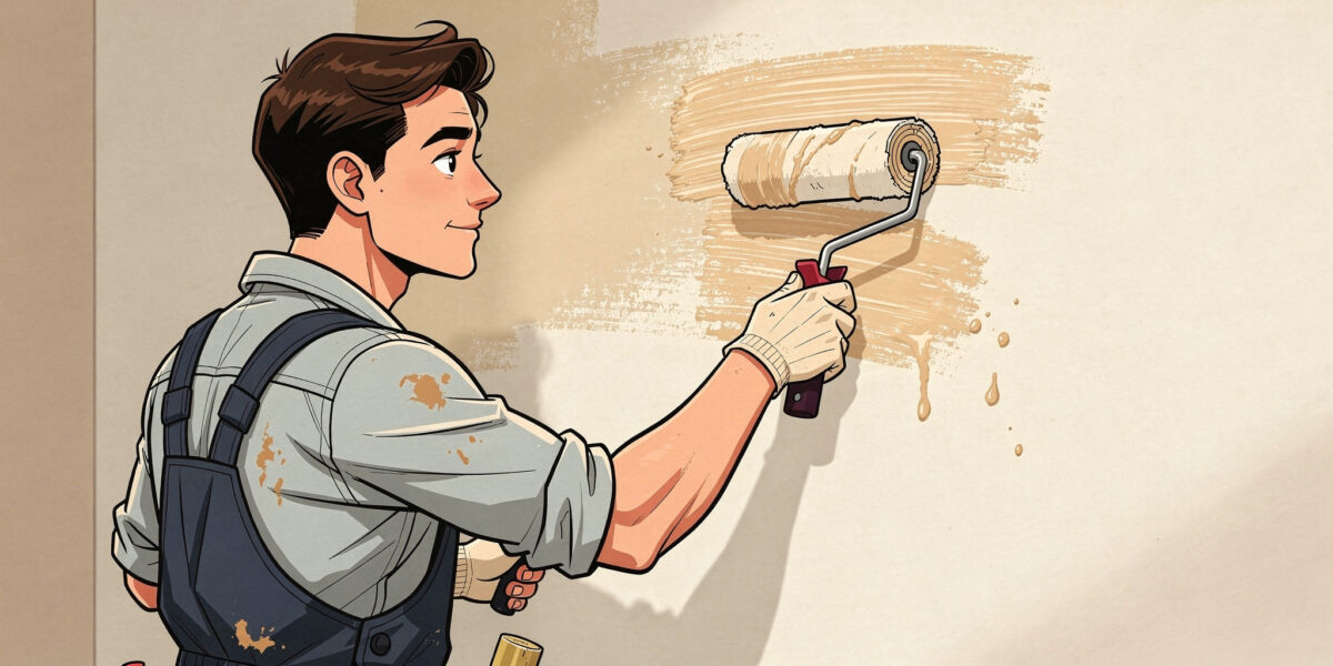 Ilustrasi animasi gaya komik seseorang sedang mengecat dinding rumah dengan roller, menunjukkan proses pengecatan yang rapi dan merata.