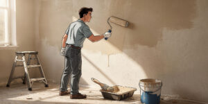 Ilustrasi animasi gaya komik seseorang sedang mengecat dinding rumah dengan roller, menunjukkan proses pengecatan yang rapi dan merata.